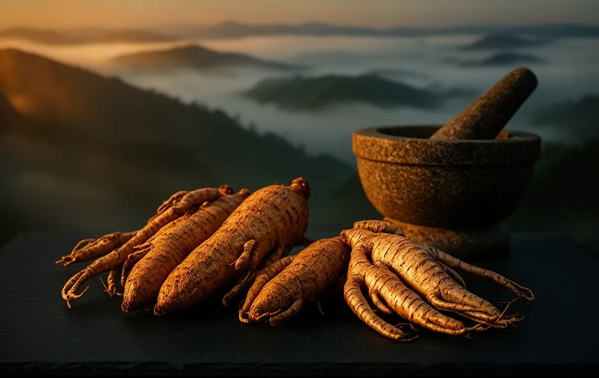 Maca and Ginseng roots in a traditional bowl